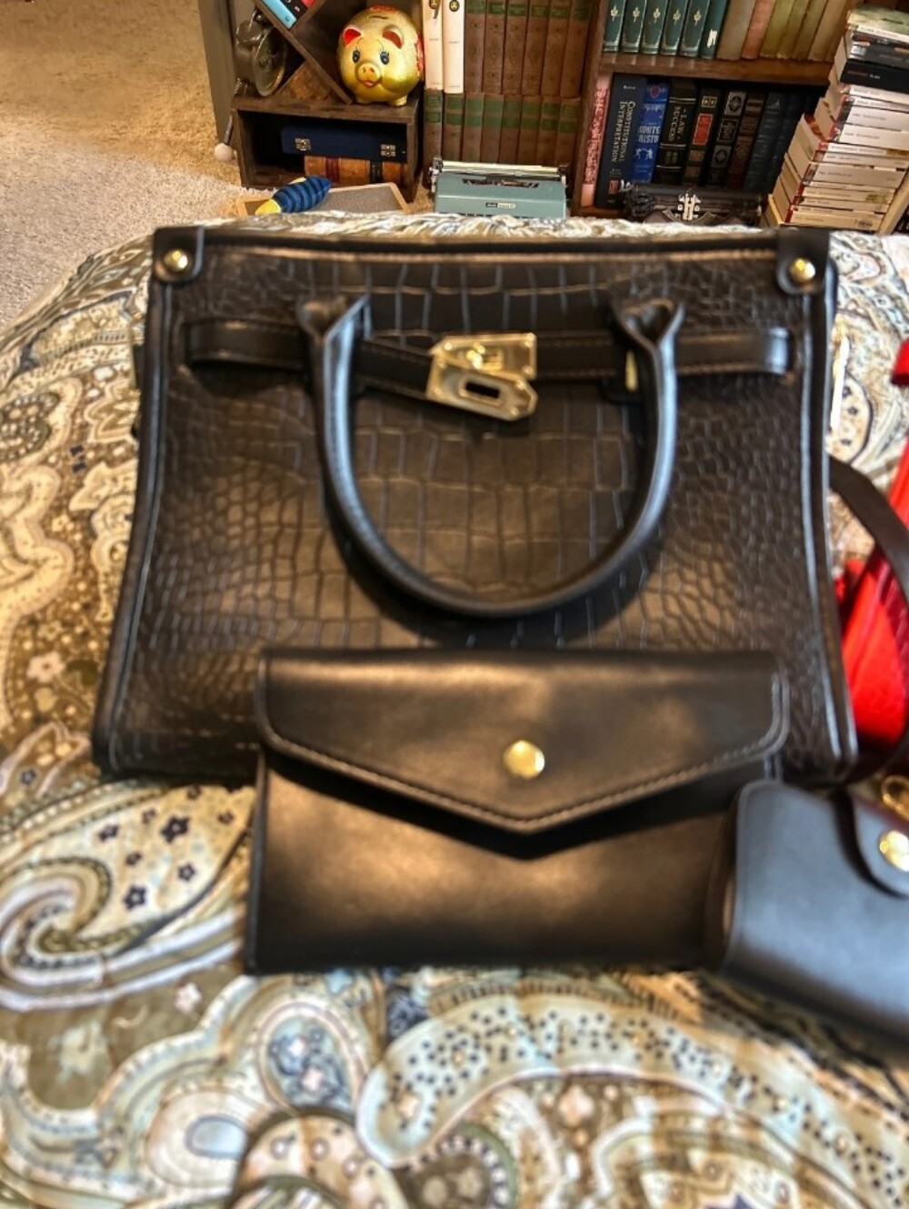 Structured Black Croc-Embossed Satchel with Matching Wallet